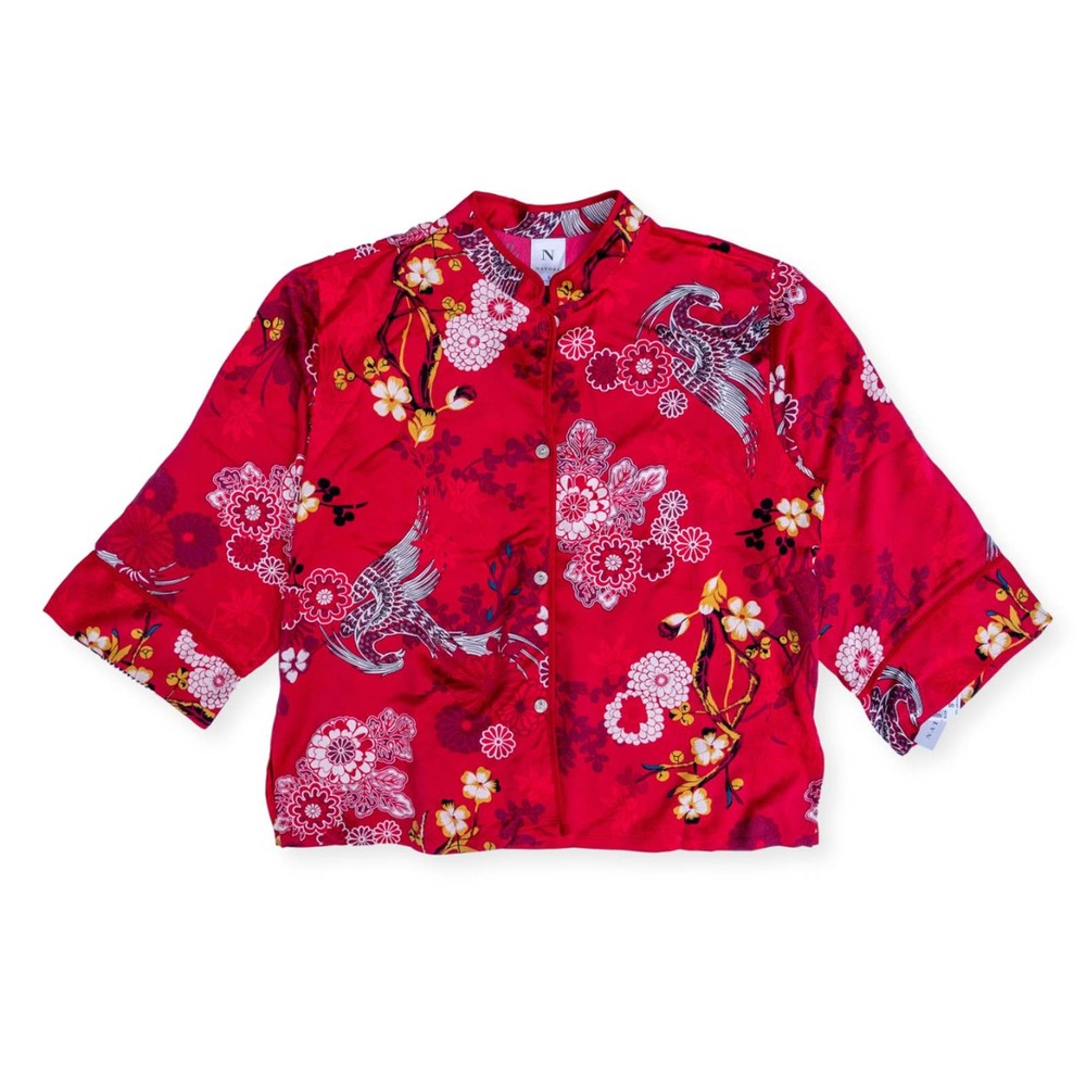 Natori Size S Kimono Sleeve Top Red Floral Print